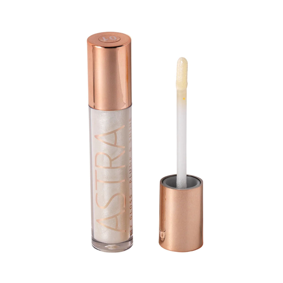 Refect Beauty Astra My Gloss Plump & Shine lip gloss with a rose gold cap and sparkling clear formula applicator. 01