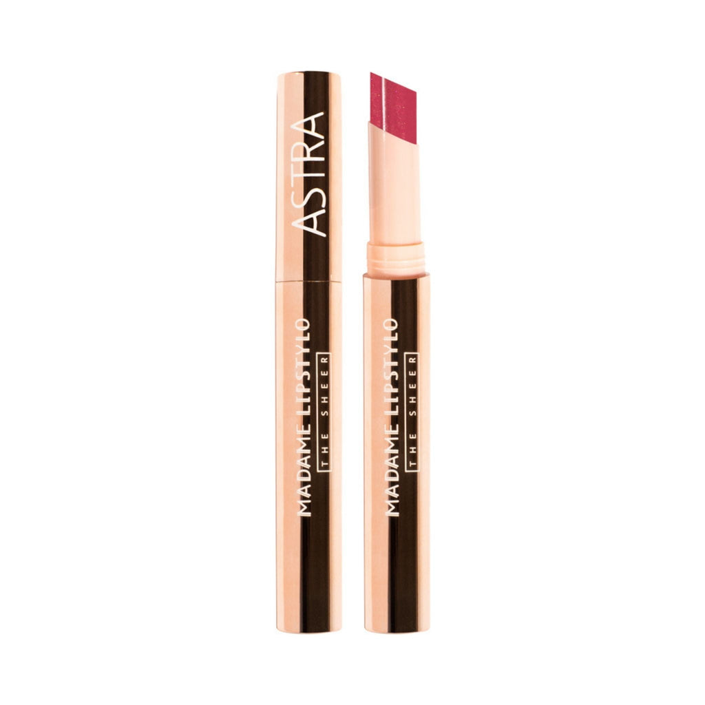 Refect Beauty Astra Madame Lip Stylo The Sheer lipstick in a rose gold tube with a berry-toned sheer balm tip.
