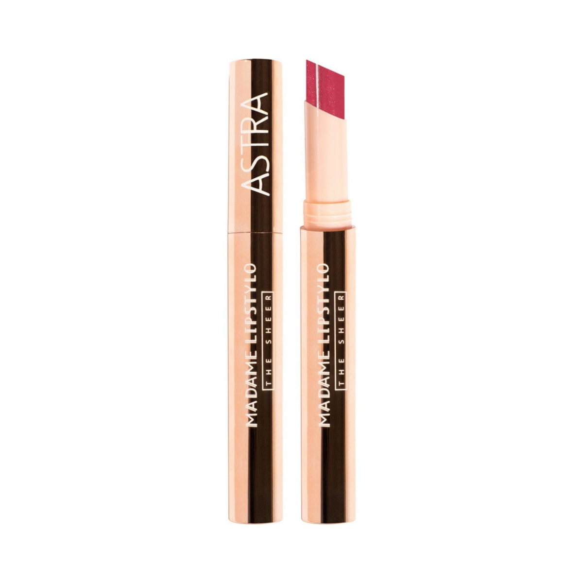 Refect Beauty Astra Madame Lip Stylo The Sheer lipstick in a rose gold tube with a berry-toned sheer balm tip.