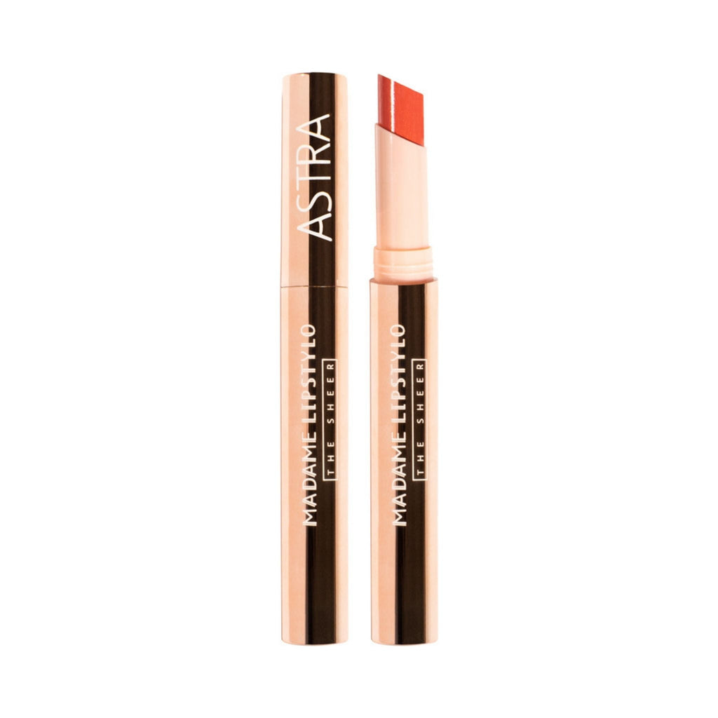Refect Beauty Astra Madame Lip Stylo The Sheer lipstick in a slim rose gold tube with an open coral shade tip