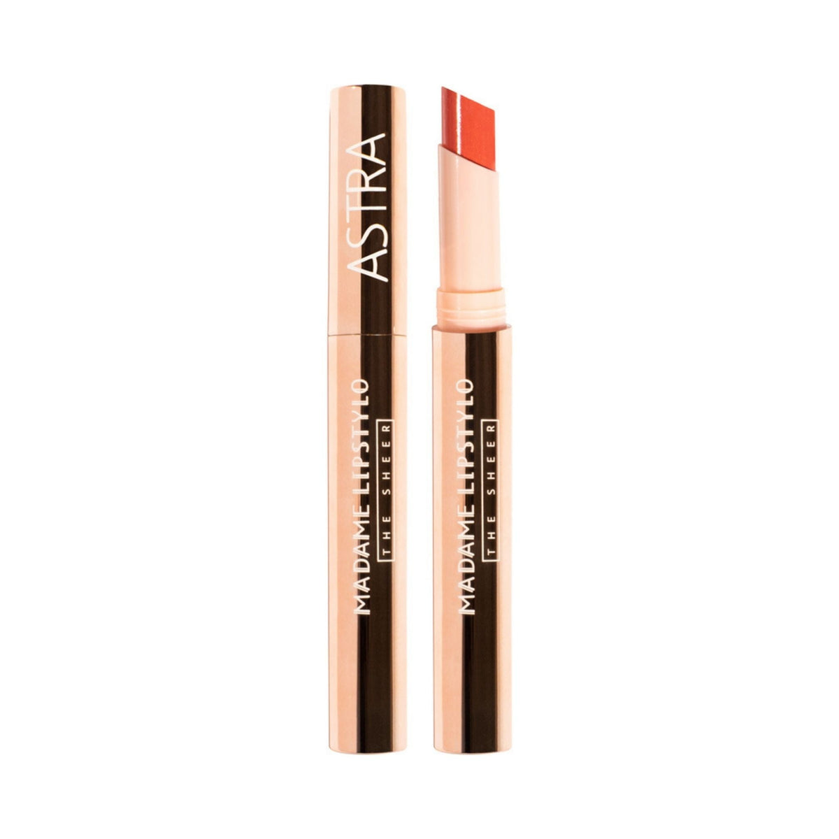Refect Beauty Astra Madame Lip Stylo The Sheer lipstick in a slim rose gold tube with an open coral shade tip
