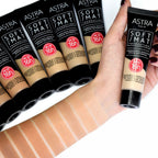 Refect Beauty Astra Soft Mat Foundation tubes displayed with various skin tone swatches on a hand