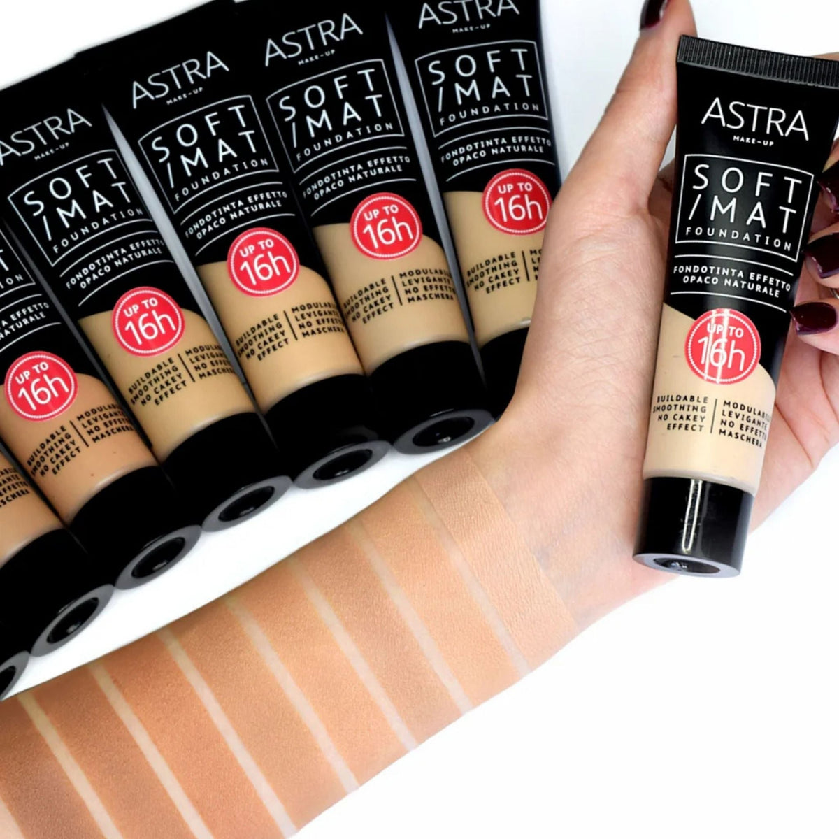 Refect Beauty Astra Soft Mat Foundation tubes displayed with various skin tone swatches on a hand