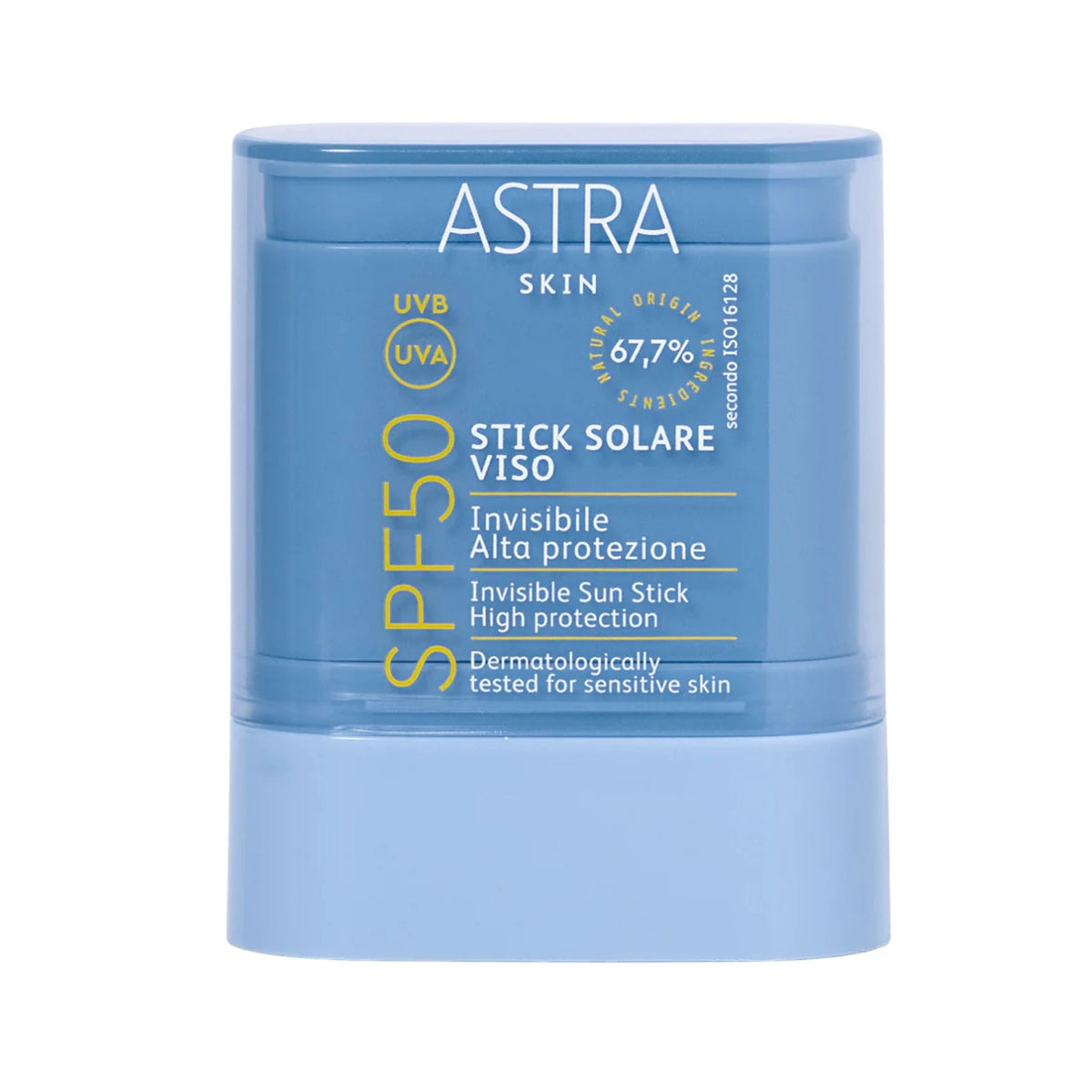 Refect Beauty Astra Skin SPF50 transparent sun stick for face with high UV protection in a compact blue container.