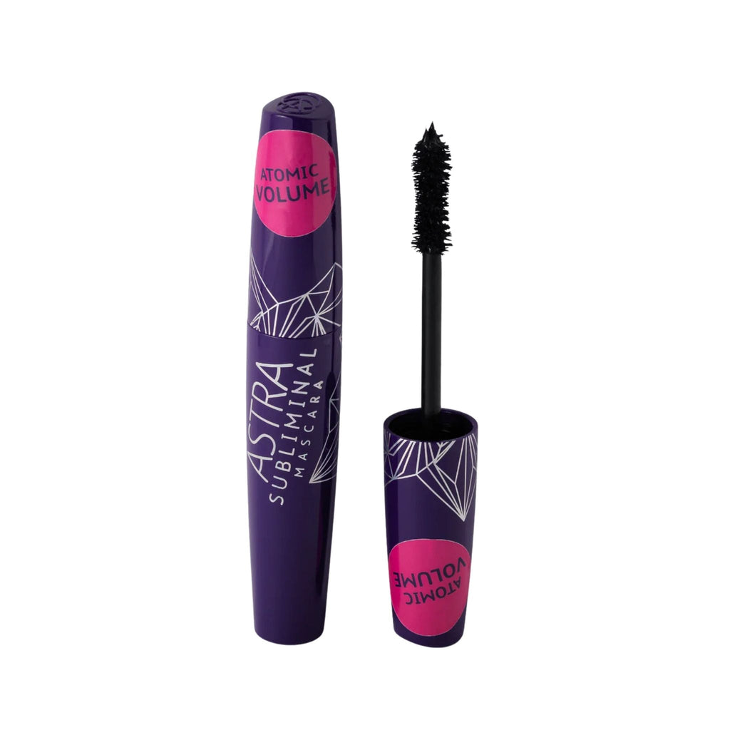 Refect Beauty Astra Subliminal Atomic Volume mascara with purple packaging and an hourglass fibre applicator brush