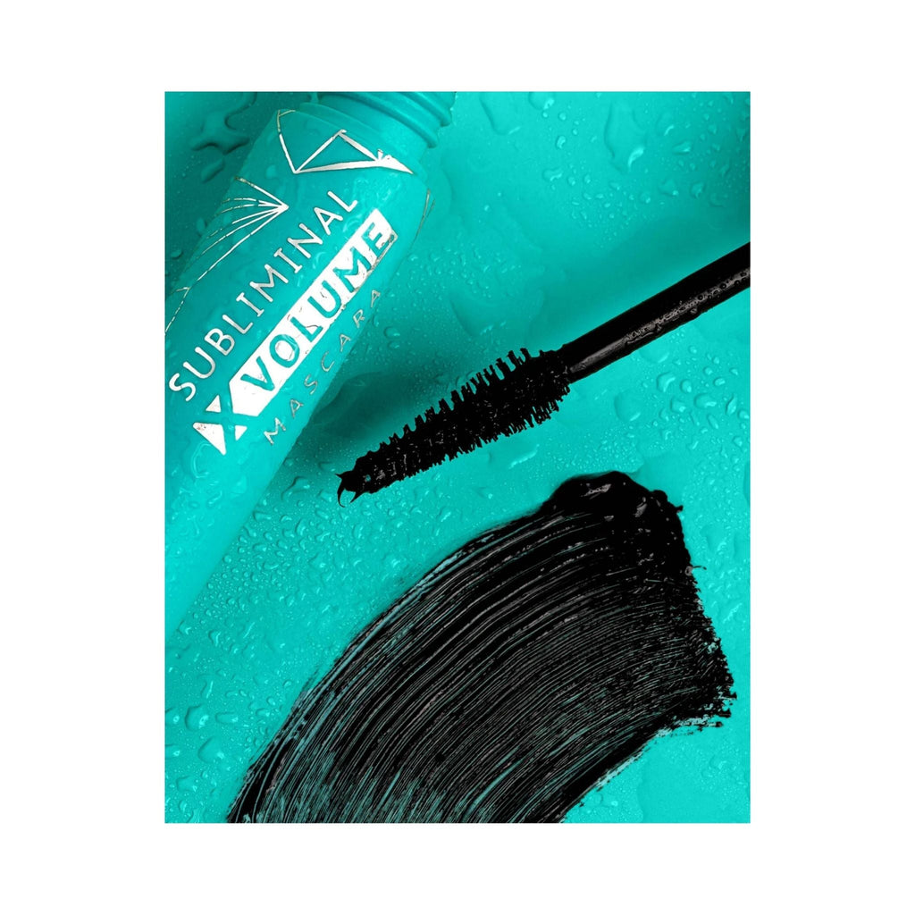 Refect Beauty Astra Subliminal X Volume waterproof mascara tube with black wand and swatch on a wet turquoise surface
