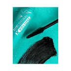 Refect Beauty Astra Subliminal X Volume waterproof mascara tube with black wand and swatch on a wet turquoise surface