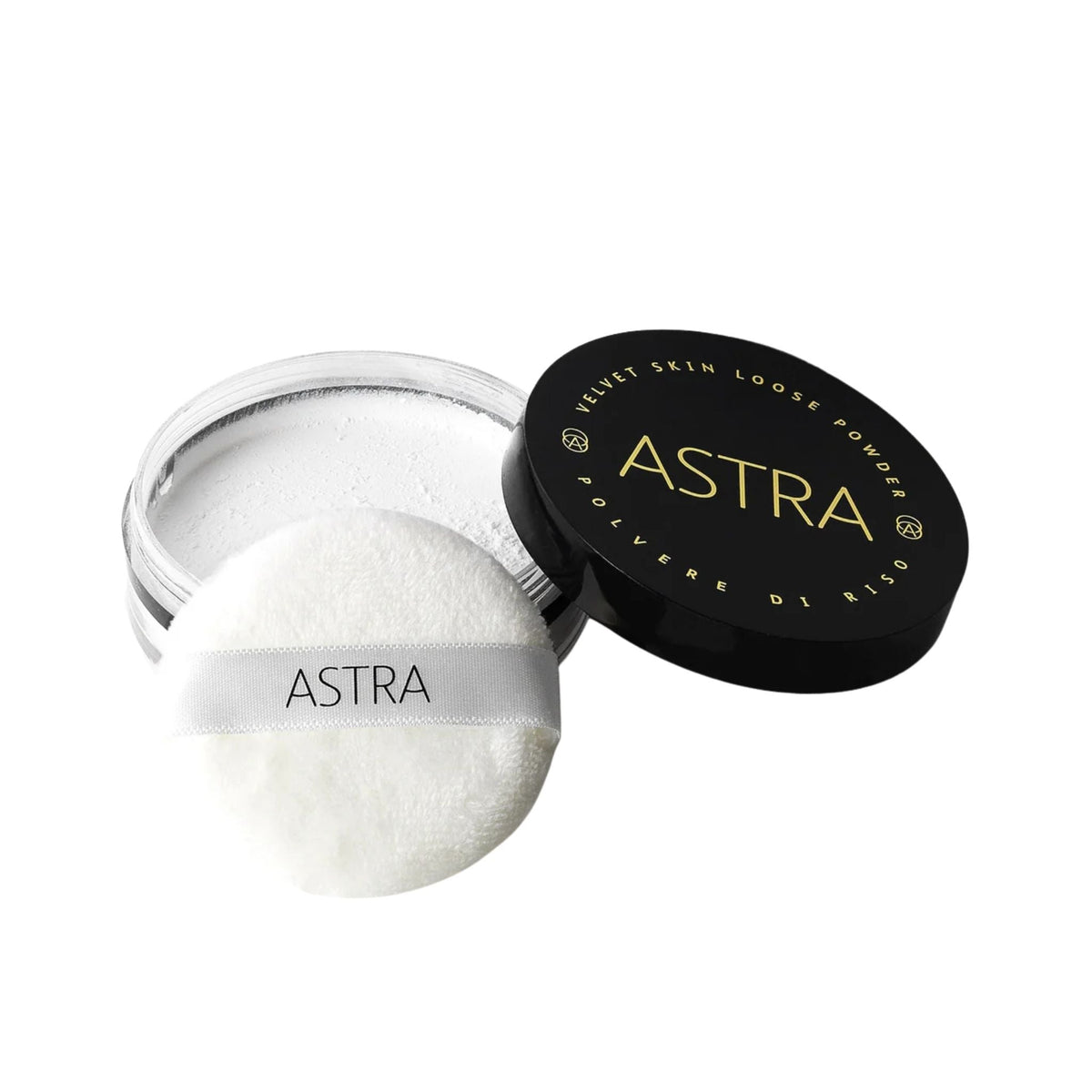Refect Beauty Astra Velvet Skin translucent loose powder in a black jar with a soft white application puff 01