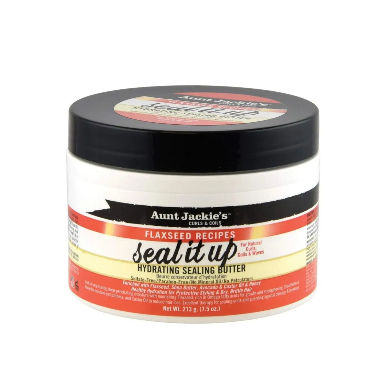 Refect Beauty Aunt Jackie's Flaxseed Seal It Up hydrating hair butter in a white jar with a black lid