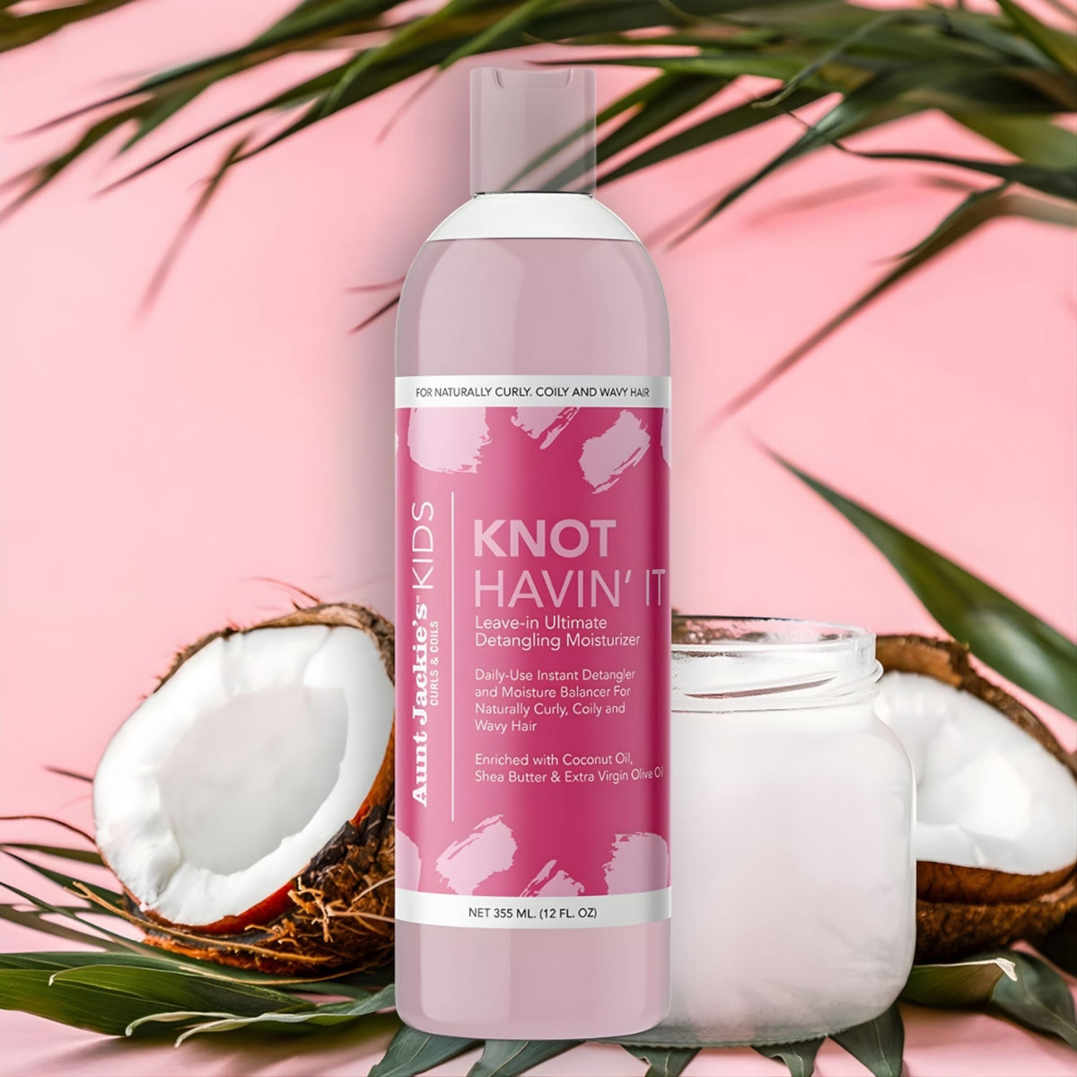 Refect Beauty Aunt Jackie's Kids Knot Havin' It leave-in detangling hair moisturizer bottle with coconut and leaves.
