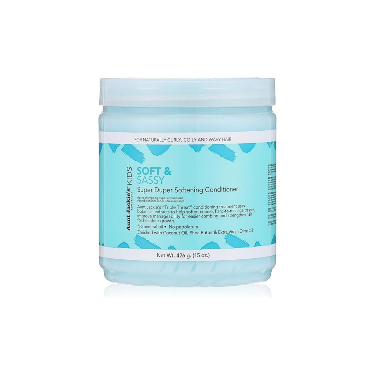 Refect Beauty Aunt Jackie's Kids Soft & Sassy Super Duper Softening Conditioner in a 15 oz light blue jar.