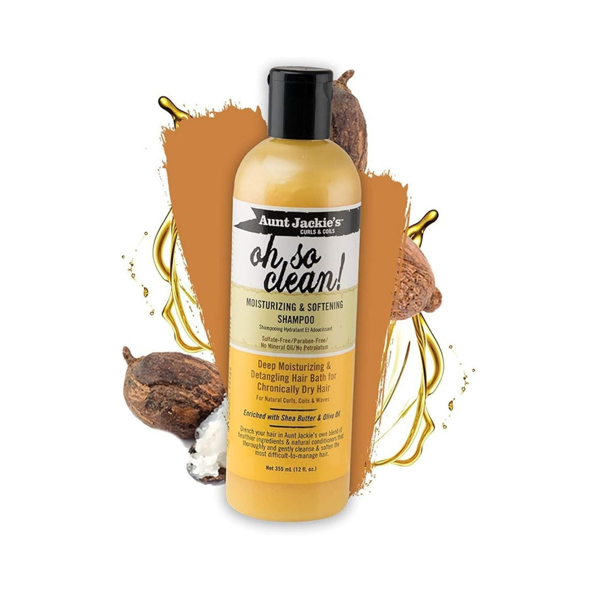 Refect Beauty Aunt Jackie's Oh So Clean moisturizing shampoo bottle with shea butter and olive oil illustrations.