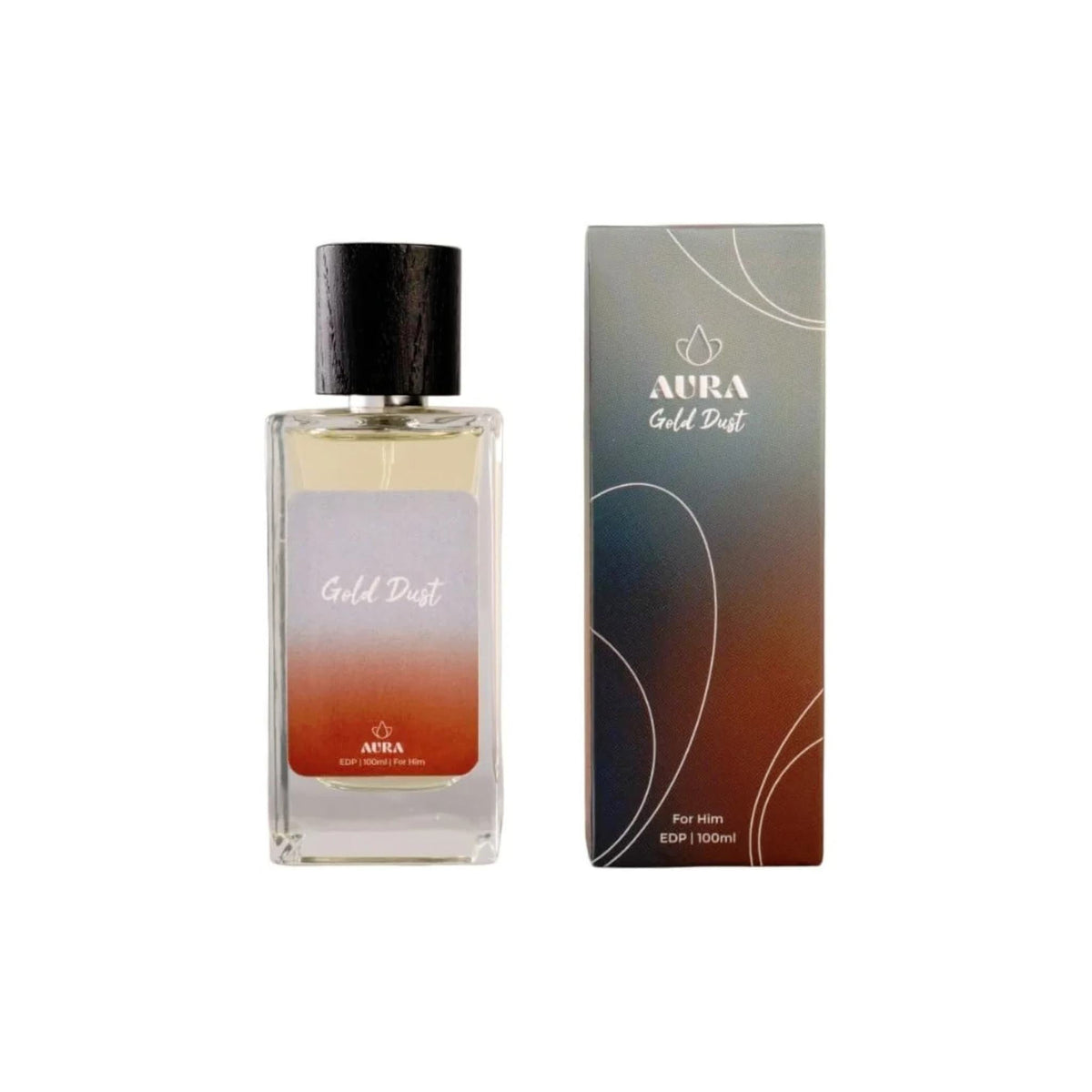 Refect Beauty Aura Gold Dust Eau de Parfum for men in a glass bottle with a black cap and its matching gradient box.