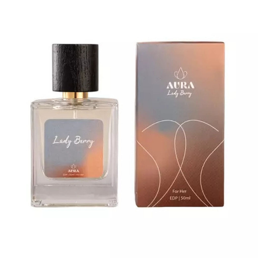 Refect Beauty Aura Lady Berry Eau de Parfum bottle and matching box with gradient orange and blue design