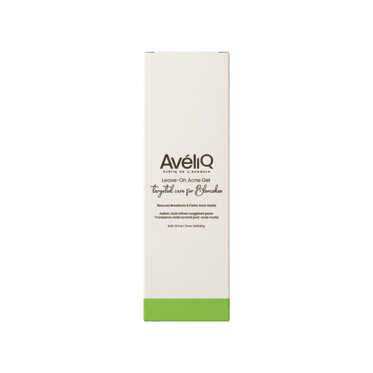Refect Beauty Aveliq Leave-On Acne Gel packaging box with white background and green base detail