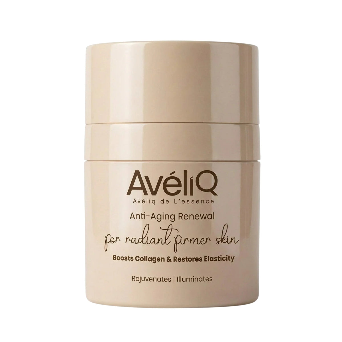 Refect Beauty Aveliq Anti-Aging Renewal Serum in a sleek beige cylindrical bottle for firmer, radiant skin.