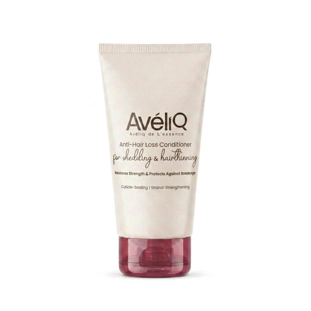 Refect Beauty Aveliq Anti Hair Loss Conditioner in a beige squeeze tube with a dark red cap for thinning hair.