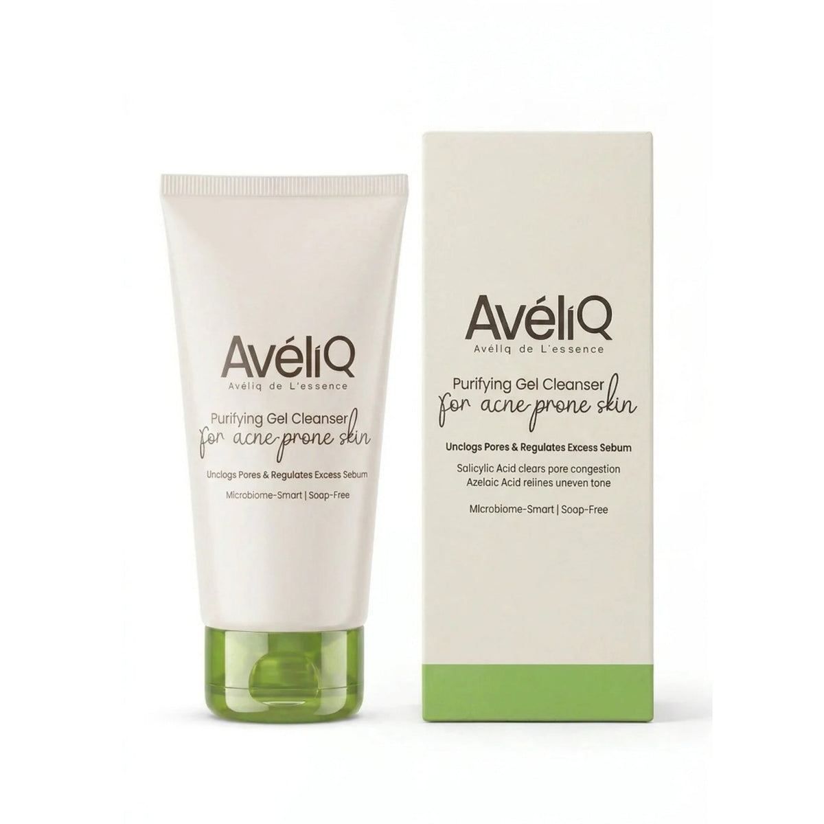 Refect Beauty Aveliq Purifying Gel Cleanser tube and box for acne-prone skin with salicylic acid and soothing botanicals