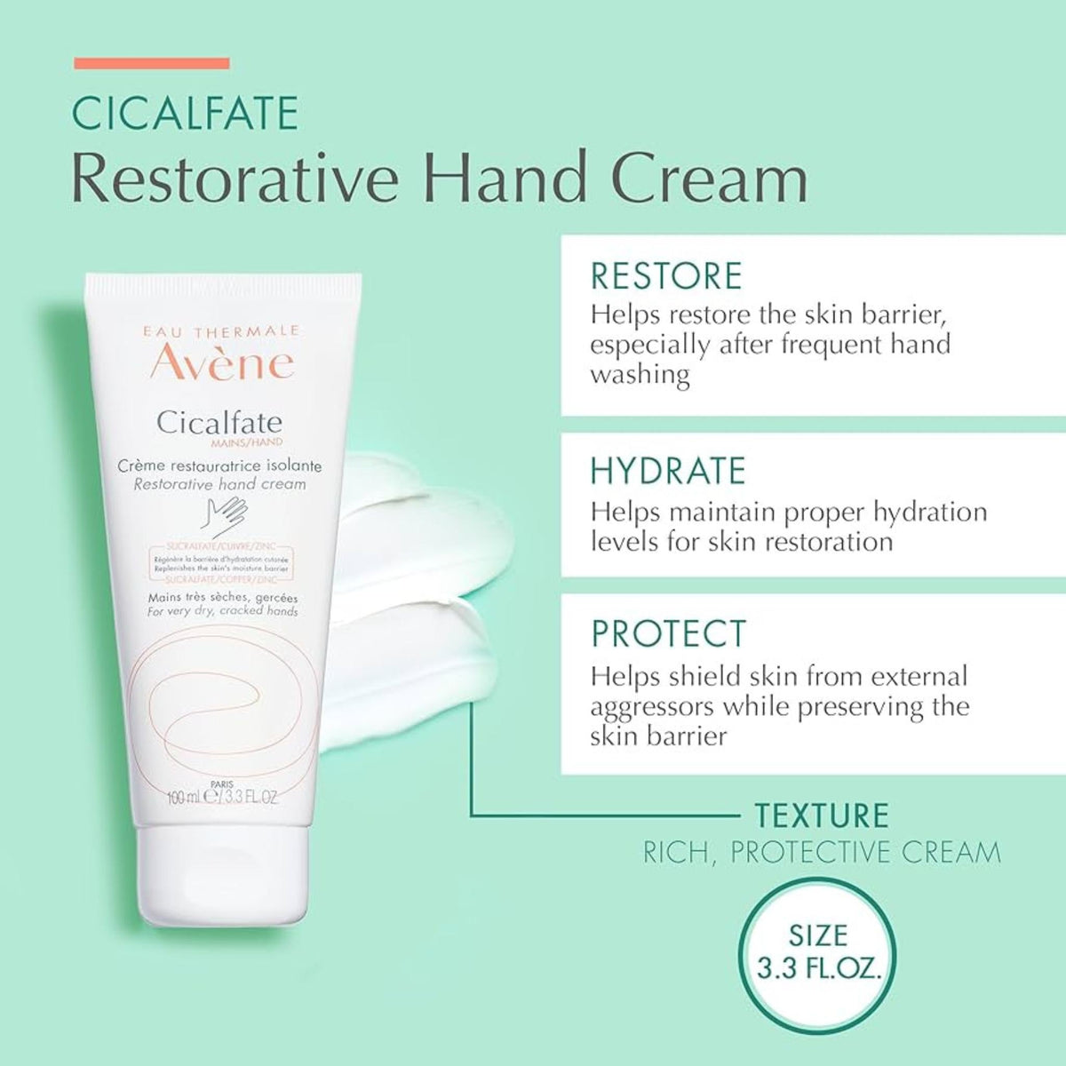 Refect Beauty Avene Cicalfate restorative hand cream tube with product benefits and texture details on a light background