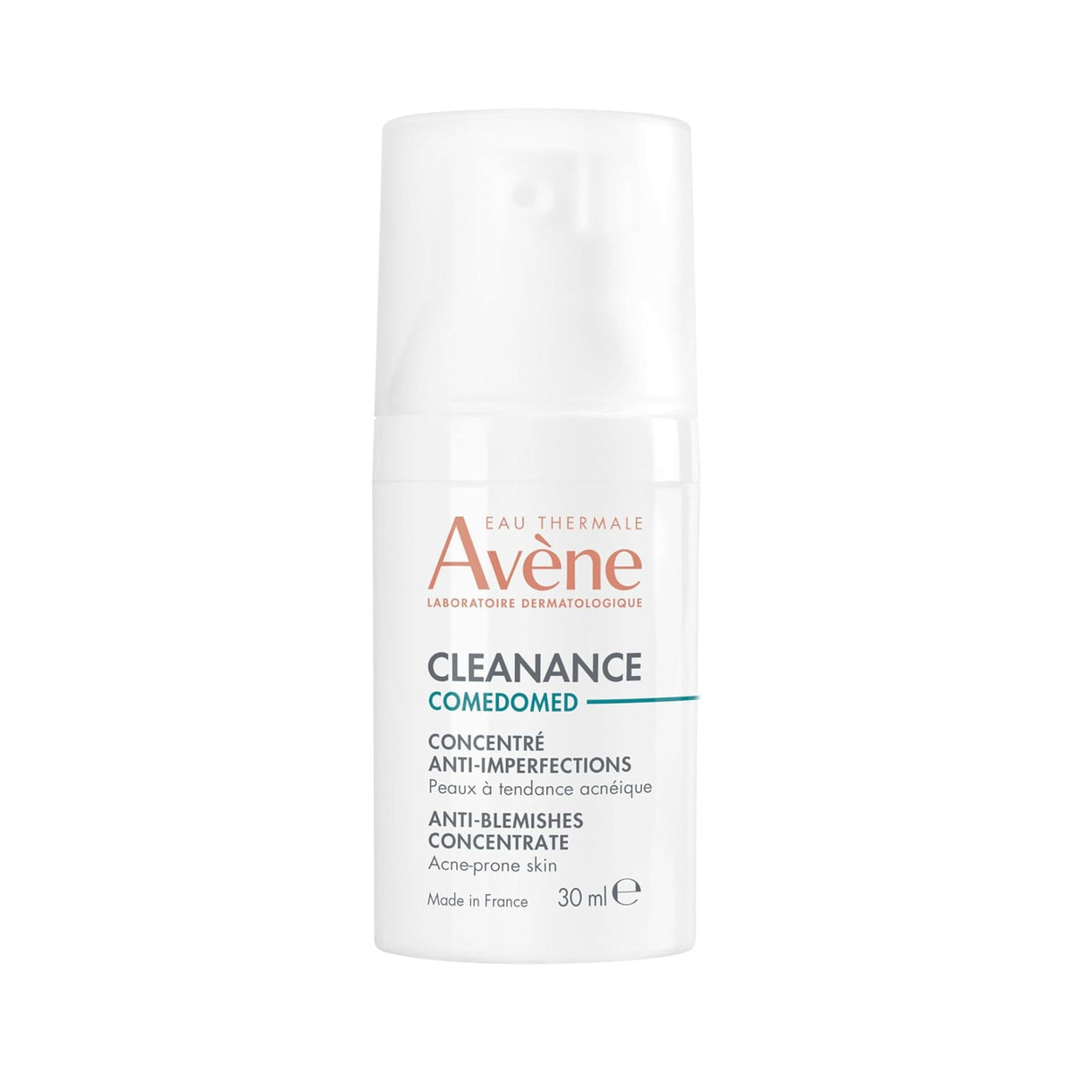 Refect Beauty Avene Cleanance Comedomed anti-blemish concentrate in a white 30ml pump bottle for acne-prone skin.