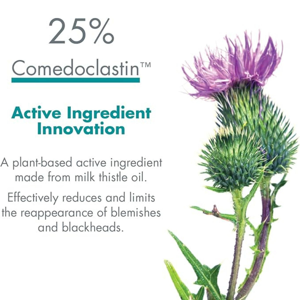 Refect Beauty Avene Cleanance Comedomed infographic highlighting 25% Comedoclastin from milk thistle for acne care