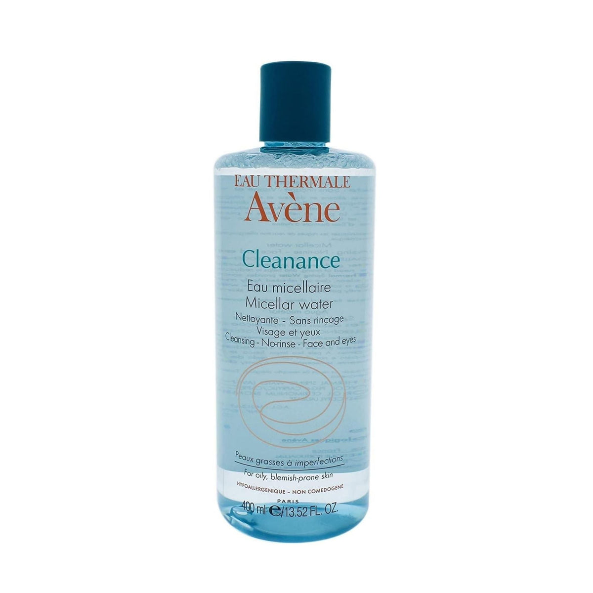 Refect Beauty Avène Cleanance micellar water for oily and blemish-prone skin in a 400ml clear bottle with blue cap.