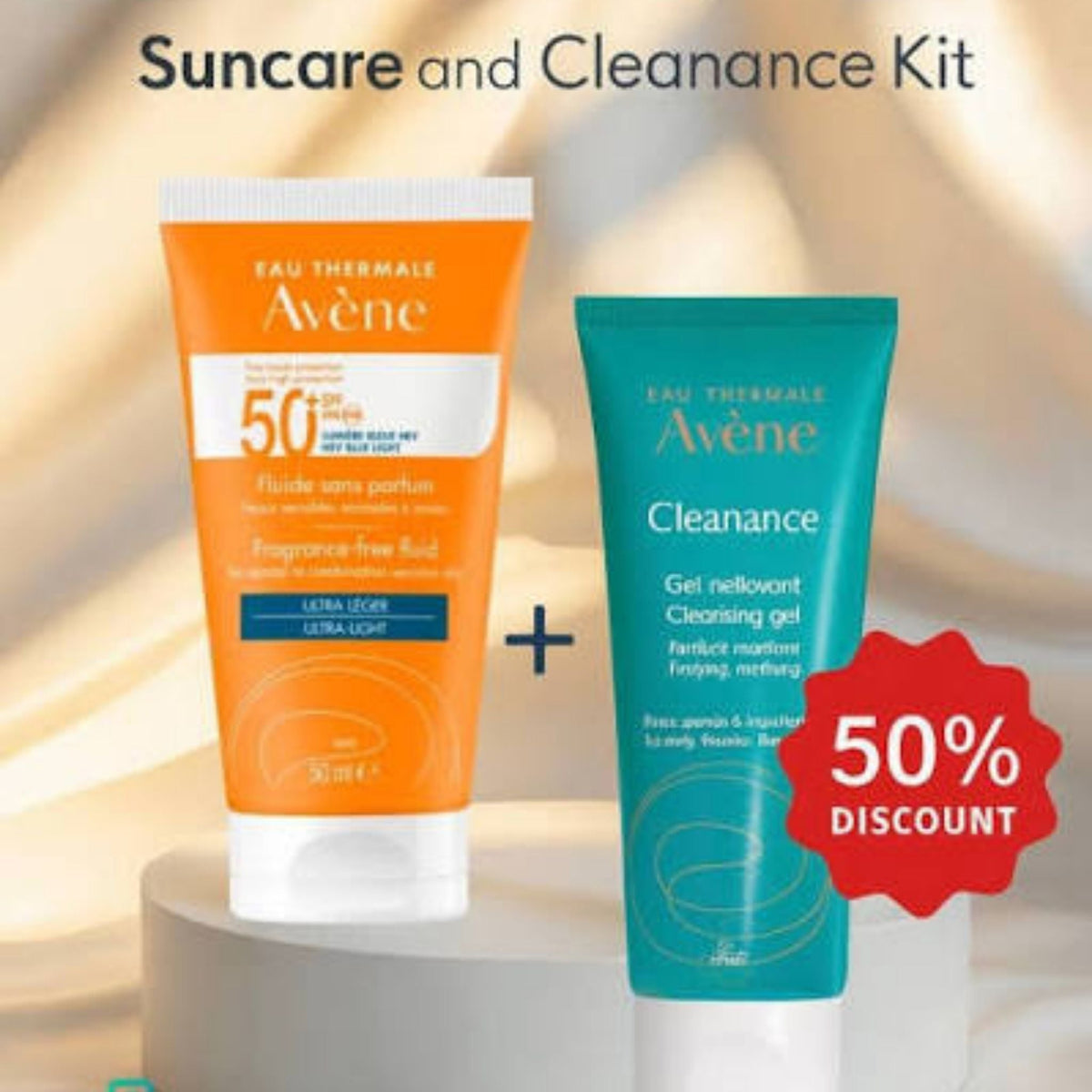 Refect Beauty Avene skincare kit featuring SPF 50+ fluid sunscreen and Cleanance cleansing gel for oily skin