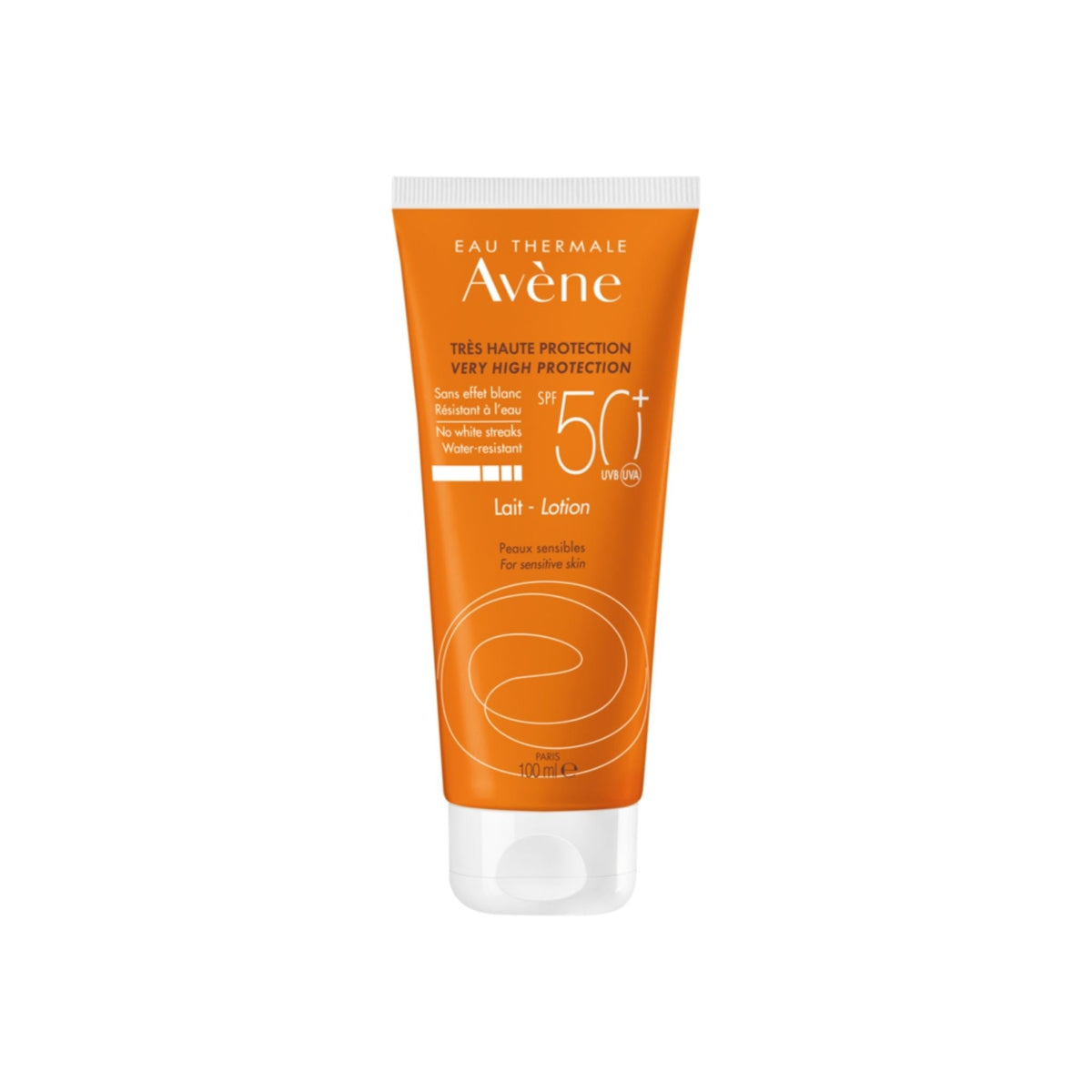 Refect Beauty Avene Eau Thermale SPF 50+ sun care lotion in an orange squeeze tube for sensitive skin