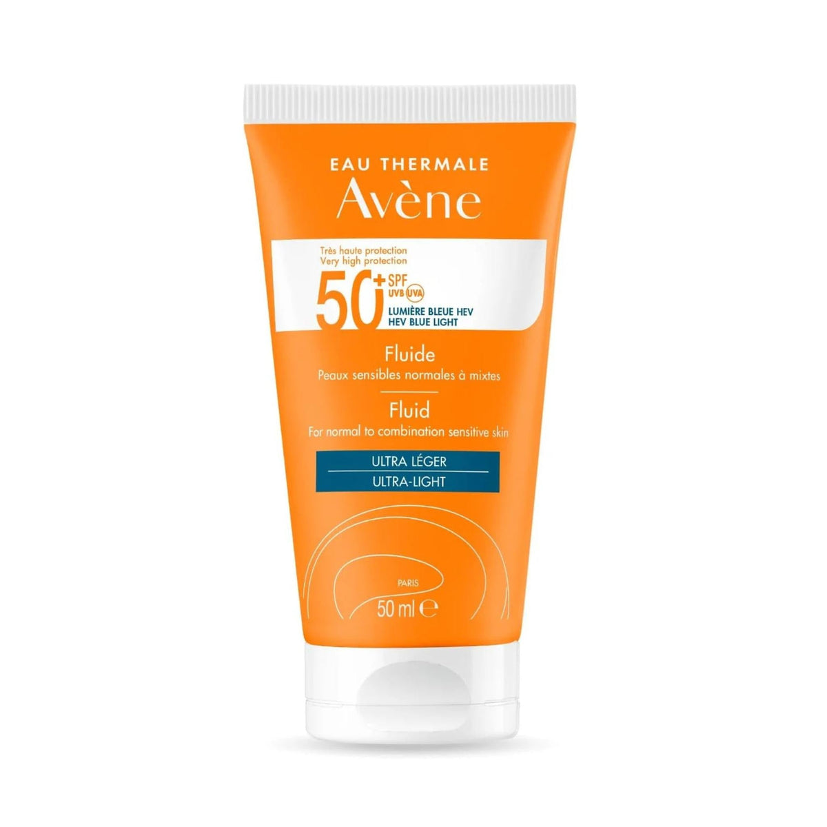Refect Beauty Avene Eau Thermale SPF 50+ high protection sunscreen fluid for sensitive skin in an orange tube