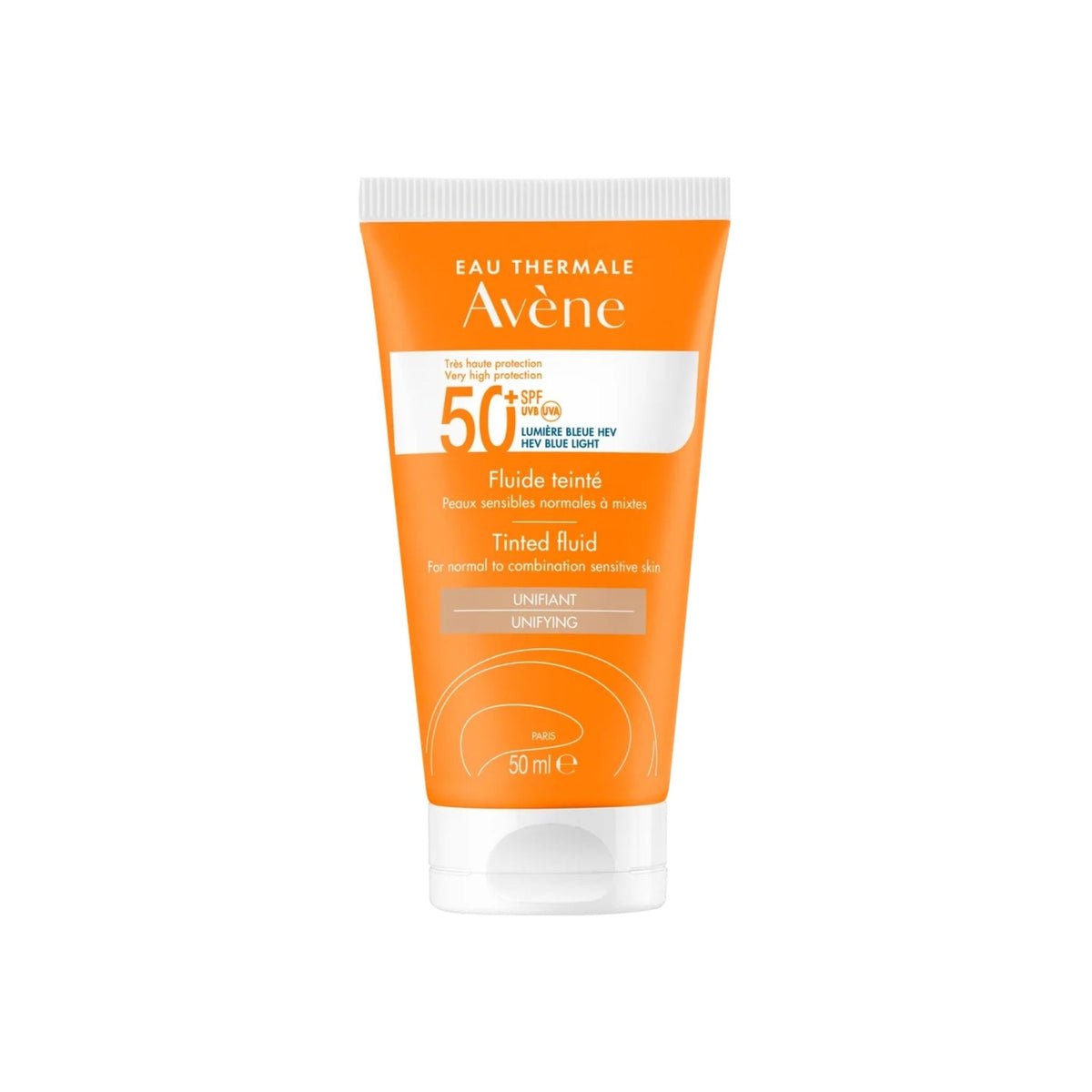 Refect Beauty Avène Very High Protection Tinted Fluid SPF 50+ sunscreen in an orange 50ml squeeze tube.