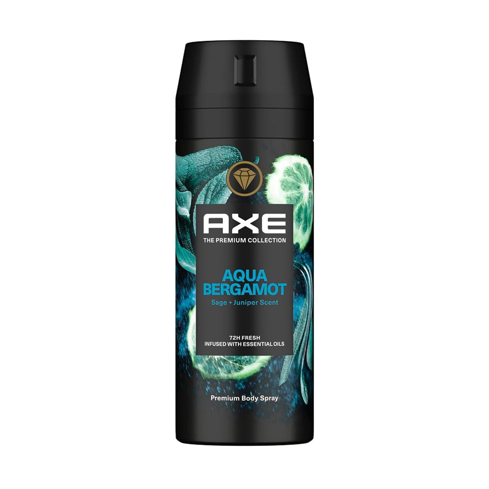 Refect Beauty Axe Aqua Bergamot body spray for men featuring a black can with aquatic and citrus graphic design