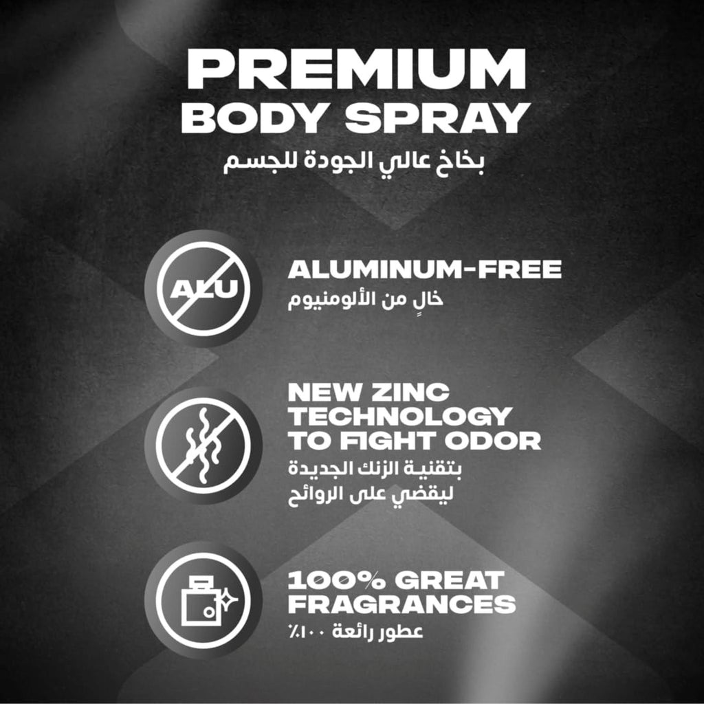 Refect Beauty Axe Black body spray features, highlighting aluminum-free formula, zinc odor technology, and fragrance.