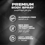 Refect Beauty Axe Black body spray features, highlighting aluminum-free formula, zinc odor technology, and fragrance.