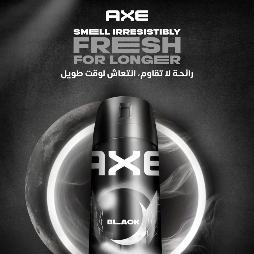 Refect Beauty Axe Black body spray can with a sleek black design, featuring frozen pear and cedarwood scent notes.