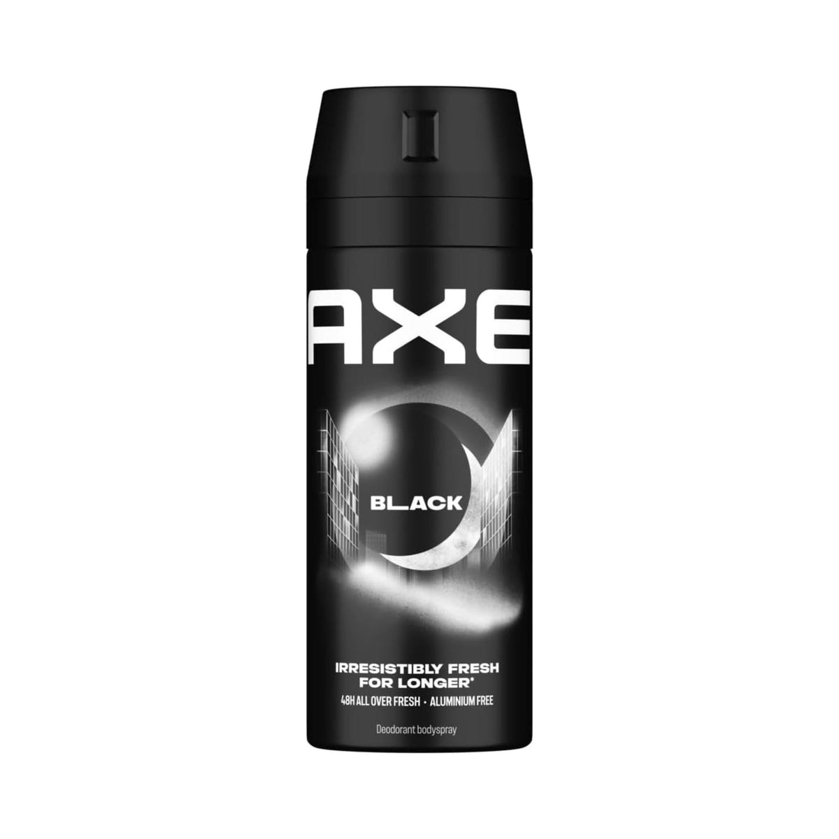 Refect Beauty Axe Black body spray in a sleek black aerosol can with white branding and a crescent moon graphic.