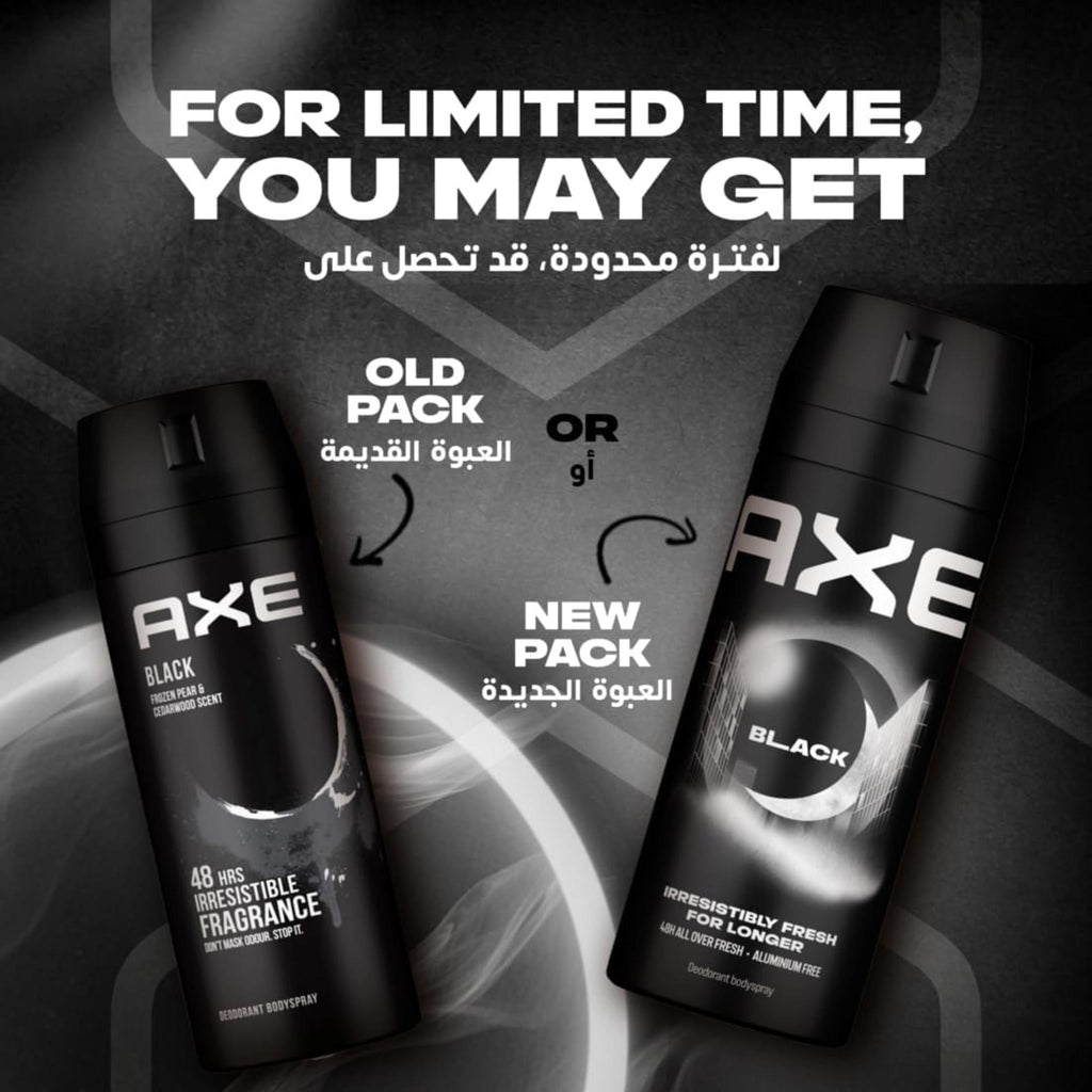 Refect Beauty Axe Black body spray showing old and new packaging designs with frozen pear and cedarwood scent notes.