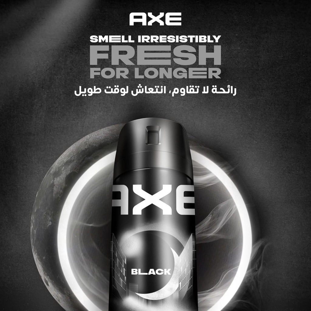 Refect Beauty AXE Black deodorant body spray in a sleek black canister with a glowing circular light background.