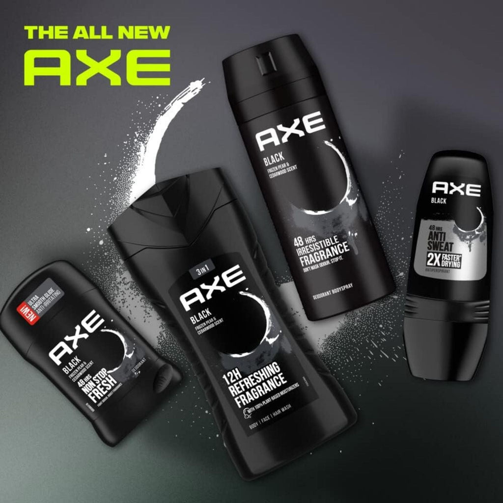 Refect Beauty AXE Black grooming collection featuring body spray, body wash, and roll-on deodorant in black packaging.