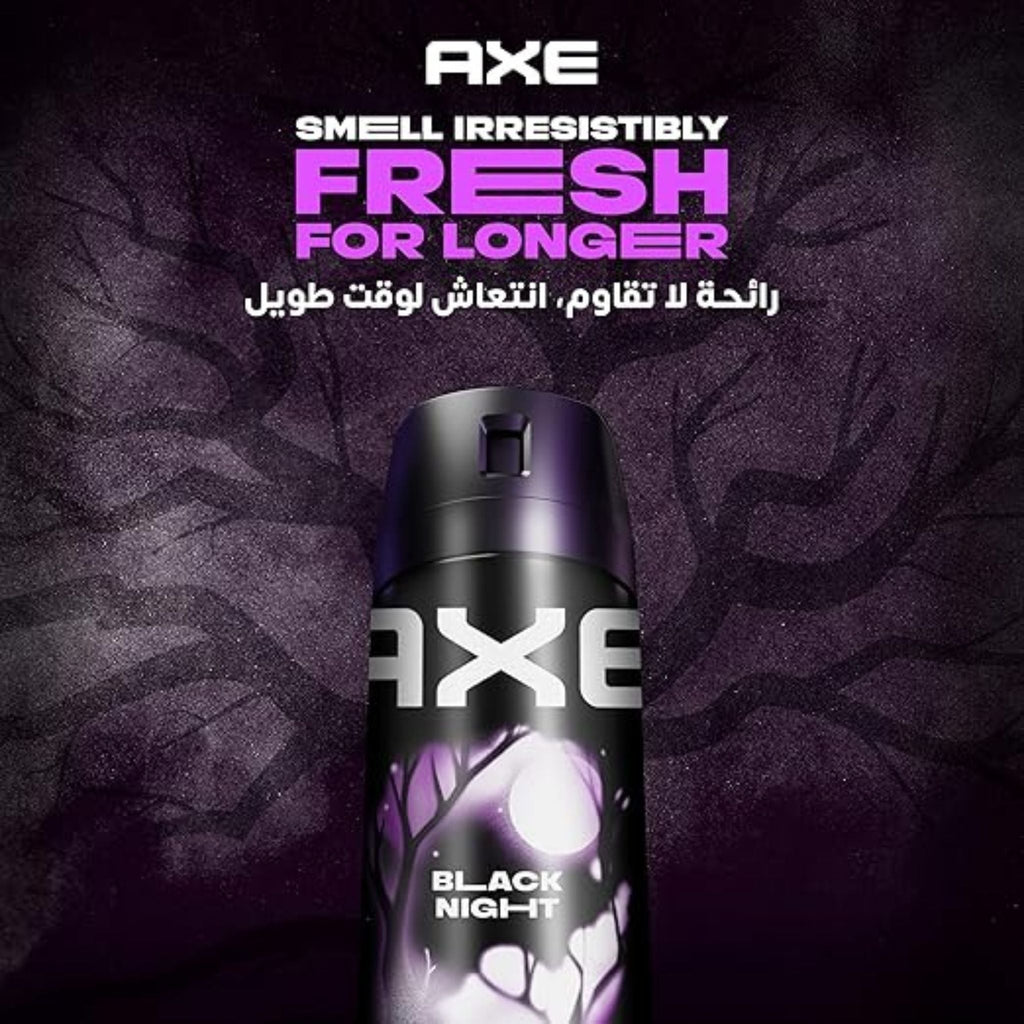 Refect Beauty AXE Black Night deodorant body spray in a dark purple forest-themed bottle with bold branding.