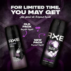 Refect Beauty AXE Black Night deodorant body spray showing old and new packaging designs with a dark purple background