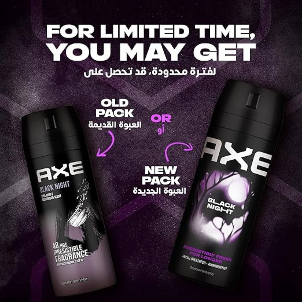 Refect Beauty AXE Black Night deodorant body spray showing old and new packaging designs for 48-hour odor protection.
