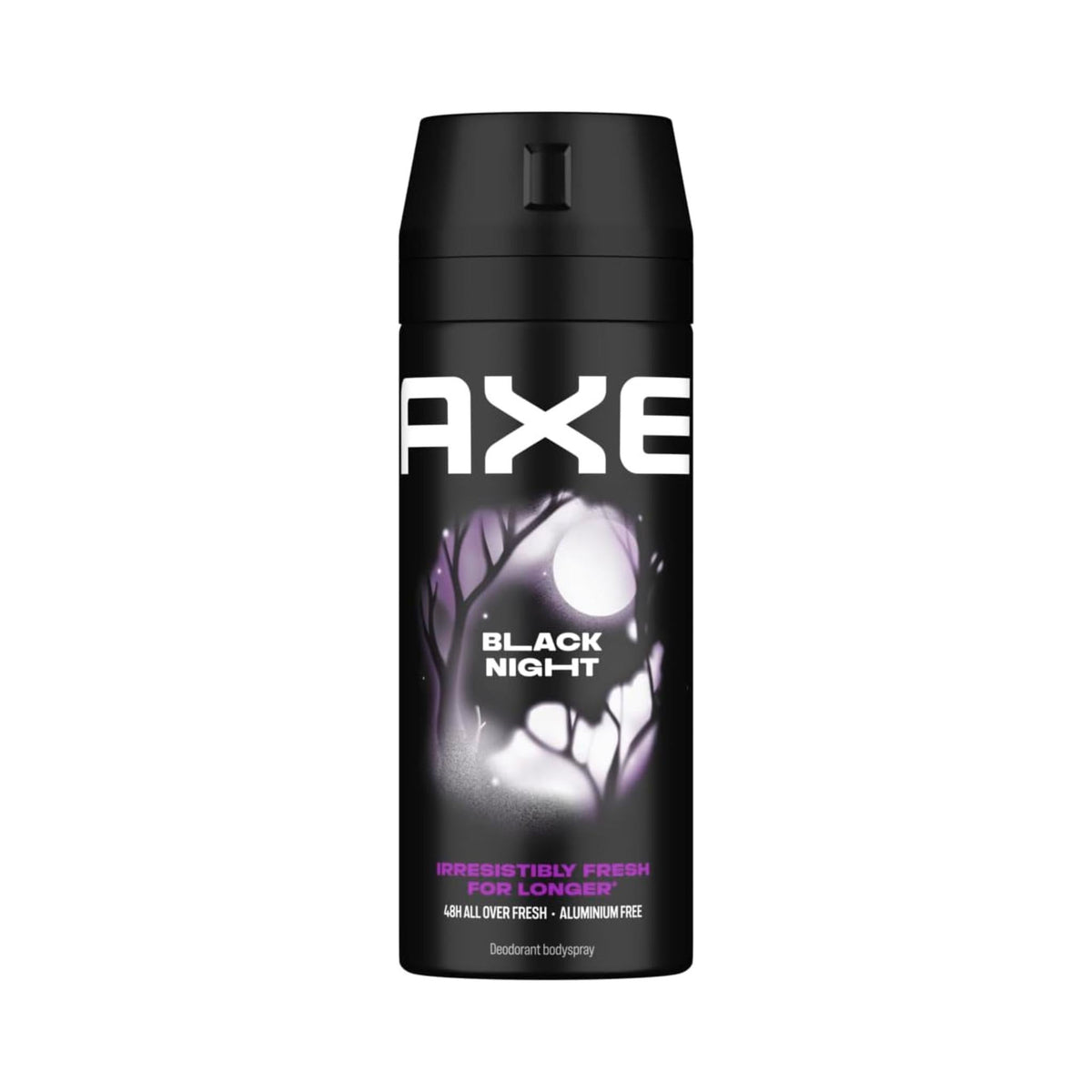 Refect Beauty AXE Black Night deodorant body spray in a black can with a purple moonlit forest graphic design.