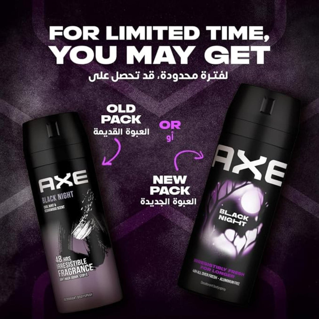 Refect Beauty Axe Black Night deodorant body spray showing old and new packaging designs with purple accents
