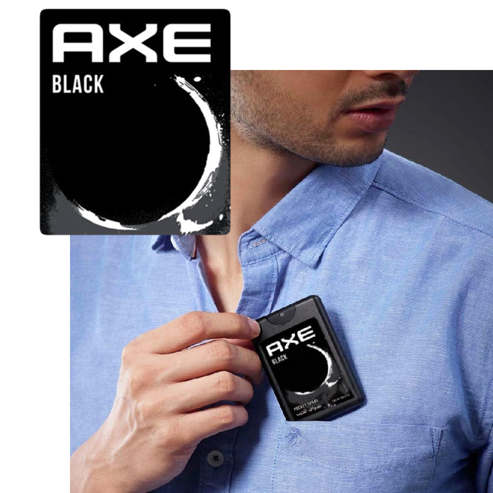 Refect Beauty Axe Black pocket body spray held by a man in a blue shirt for a fresh and masculine scent.