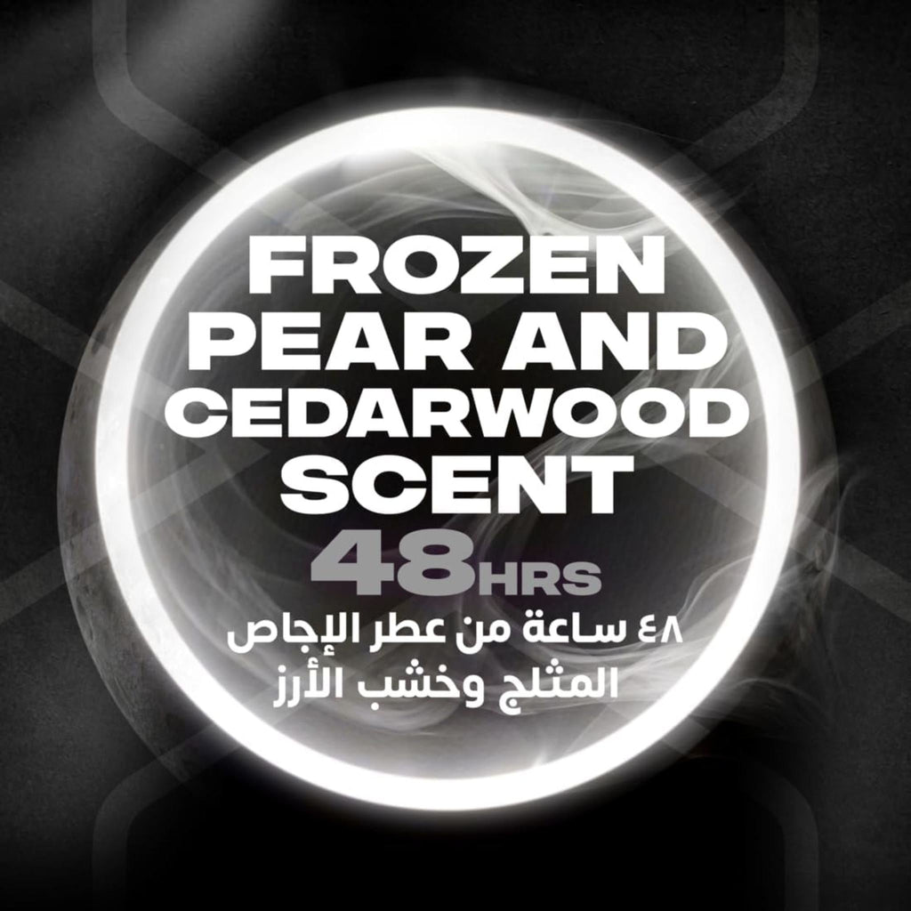 Refect Beauty Axe Black body spray promotional graphic featuring frozen pear and cedarwood scent notes with 48hr claim