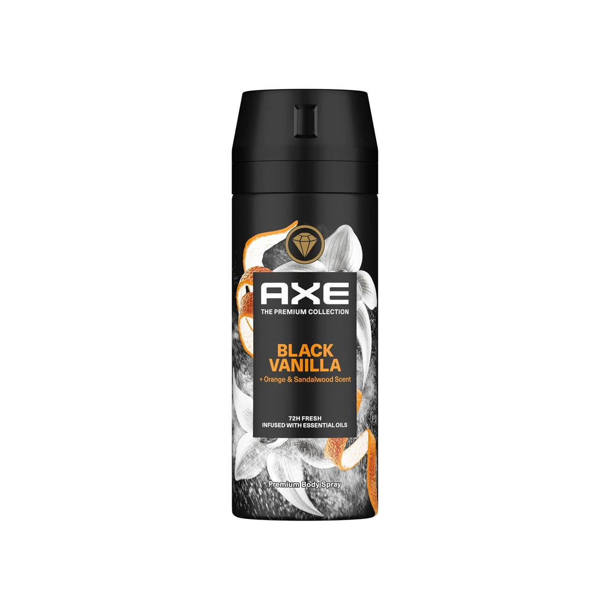 Refect Beauty Axe Black Vanilla premium body spray can with orange and sandalwood scent notes on a black background.