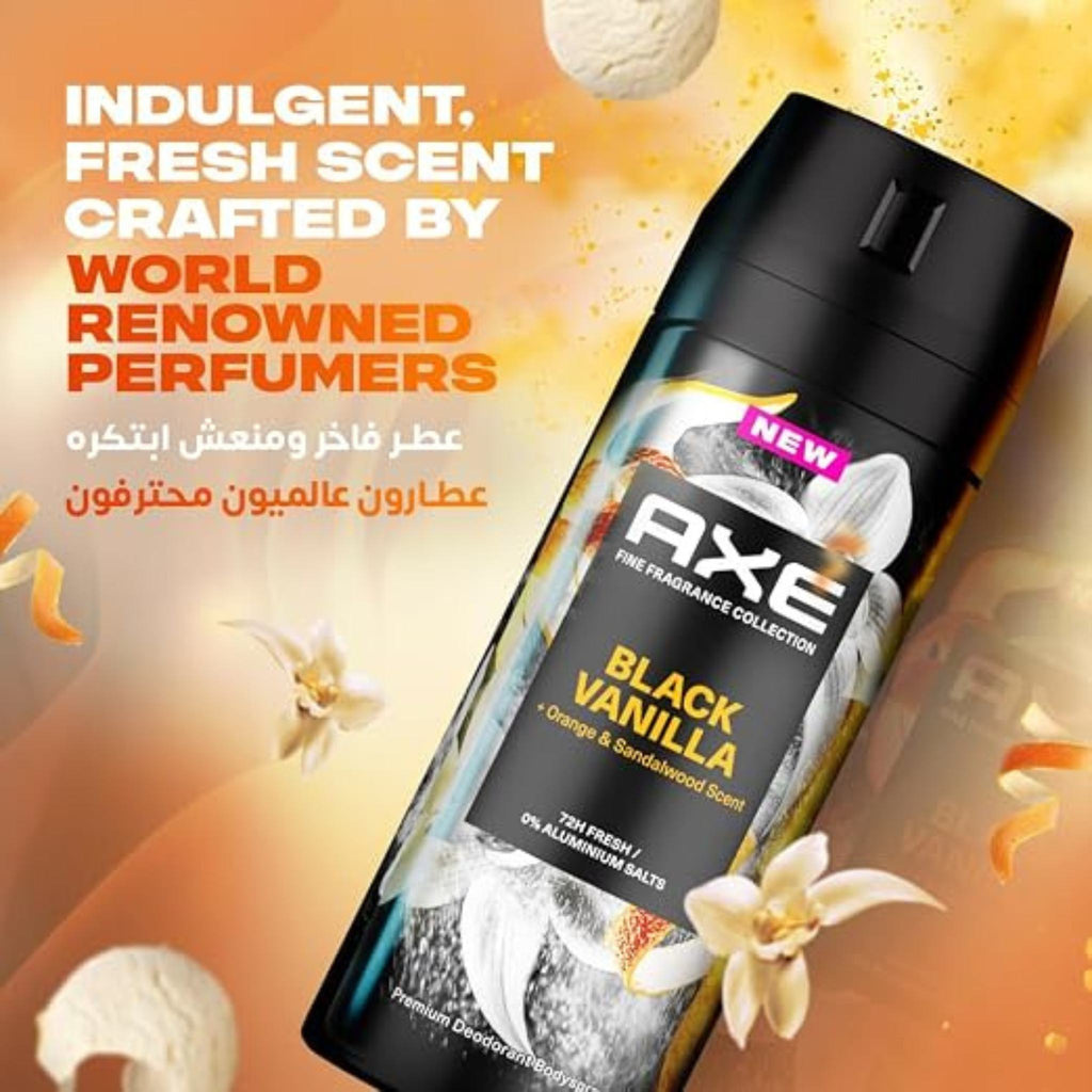 Refect Beauty Axe Black Vanilla deodorant body spray with orange and sandalwood notes in a sleek black canister.