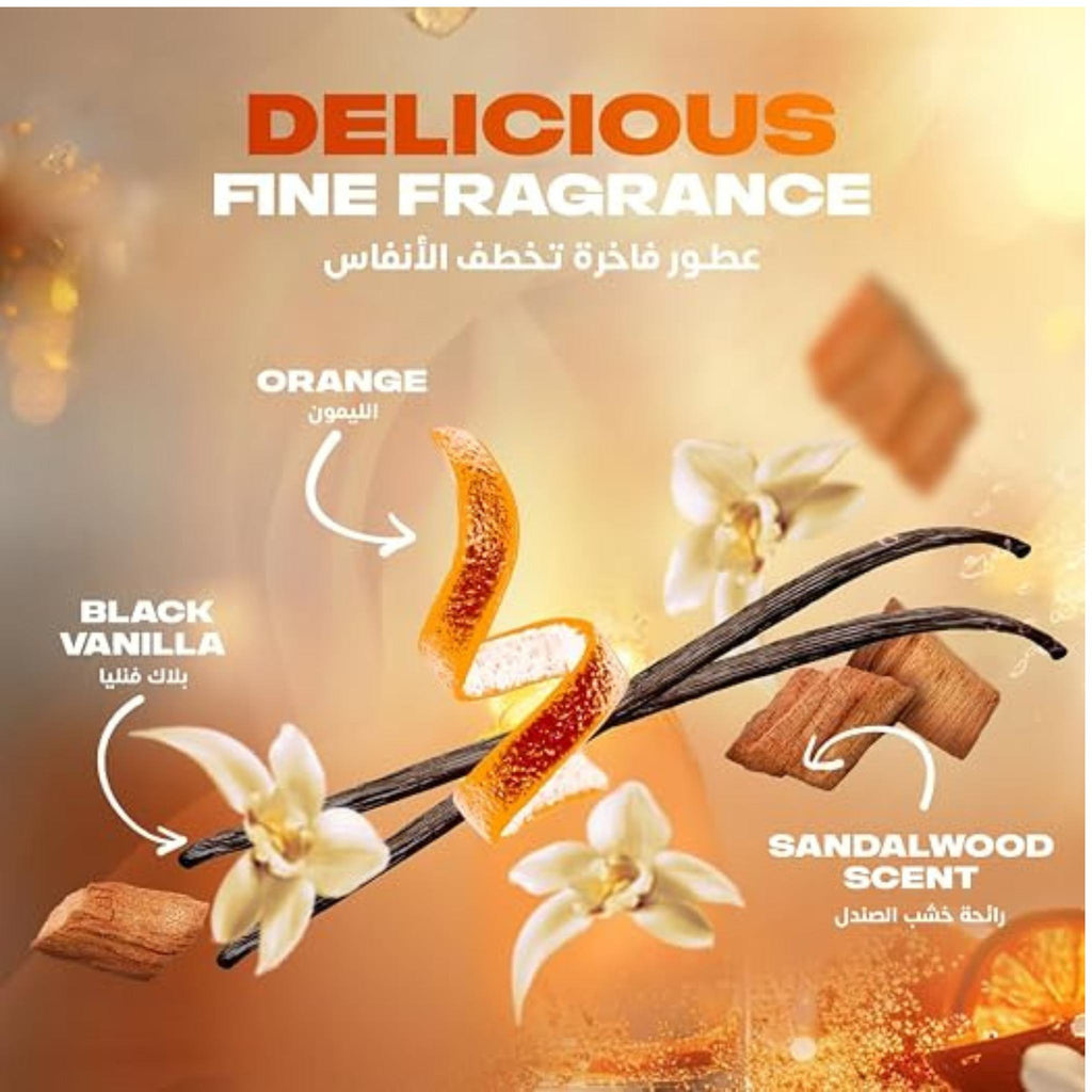 Refect Beauty Axe Black Vanilla fragrance spray ingredients featuring vanilla, orange peel, and sandalwood notes.