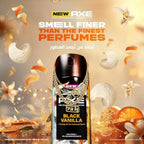 Refect Beauty Axe Black Vanilla fragrance spray can surrounded by vanilla flowers, orange peels, and gold chains.