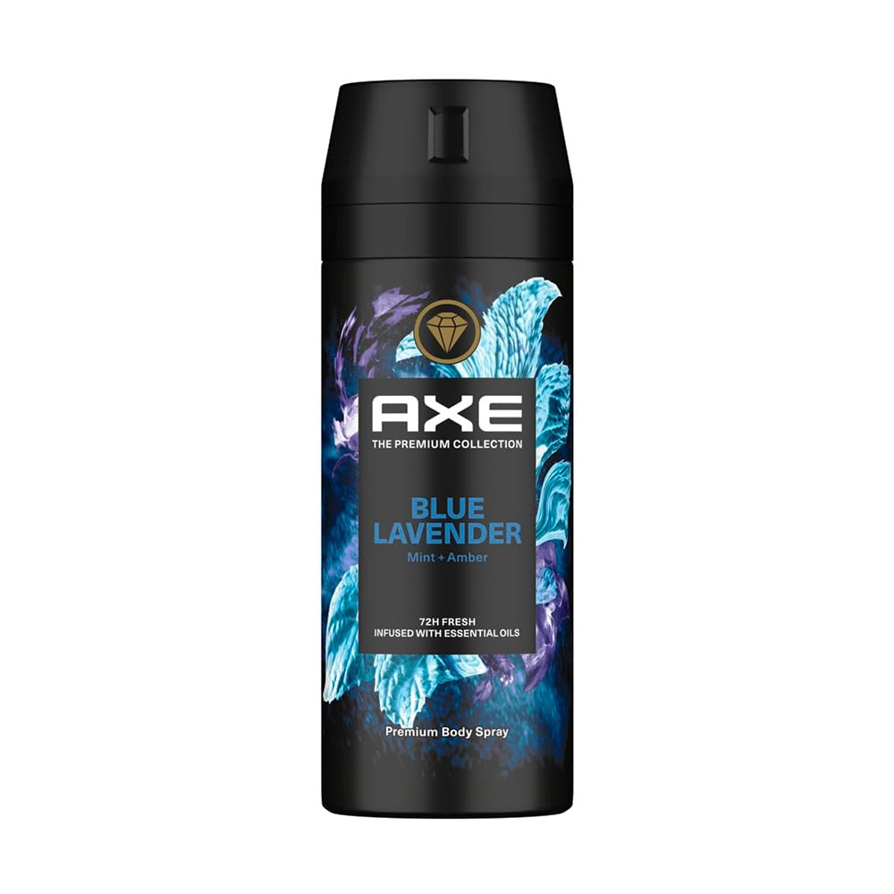 Refect Beauty Axe Blue Lavender body spray for men in a black aerosol can with blue floral and mint leaf graphics.